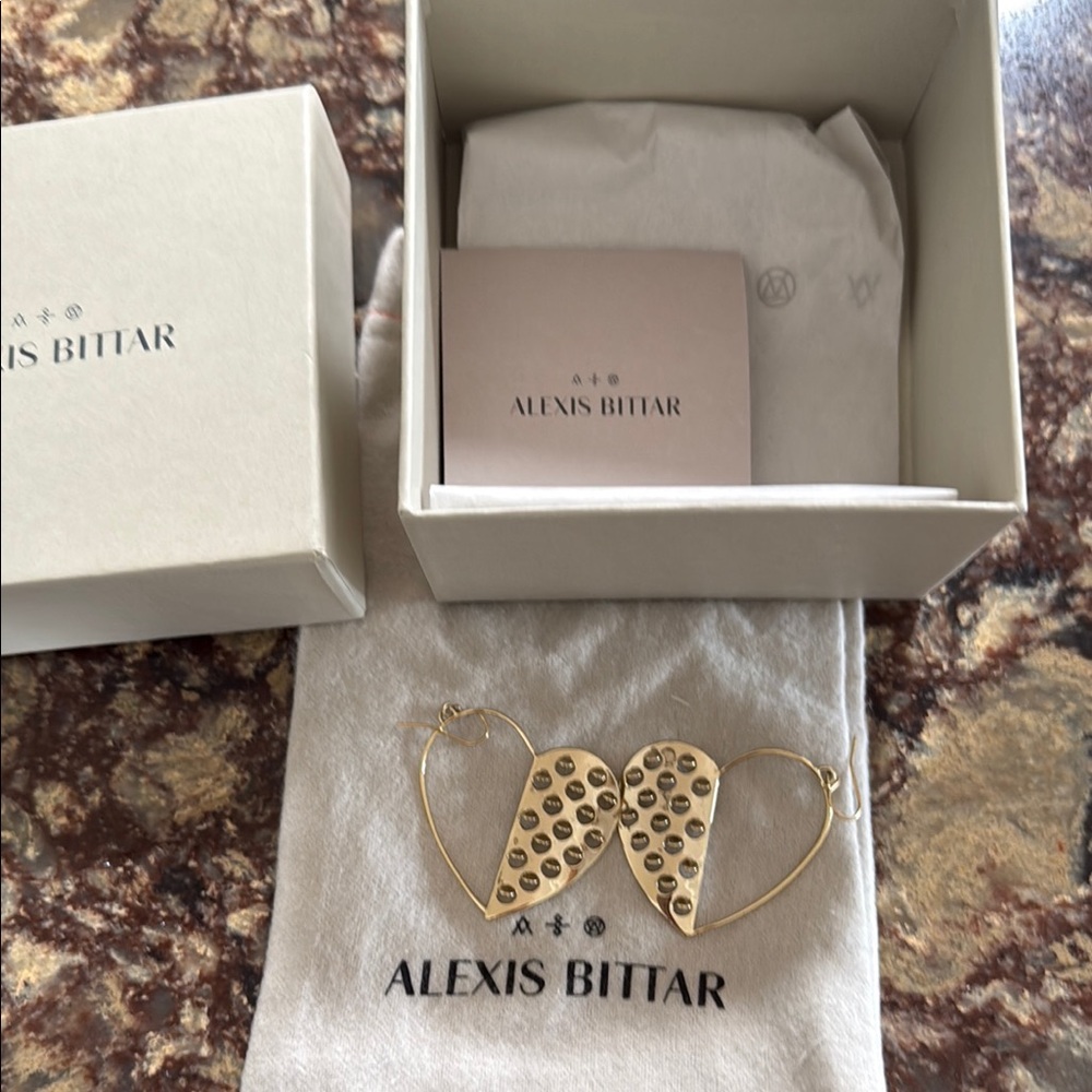 Alexis Bittar Gold Heart Drop Earrings with Studded Detail - Picture 4 of 4